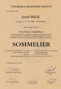 Diplom Sommelier Jozef Milčík - Vinařská akademie Valtice 2007