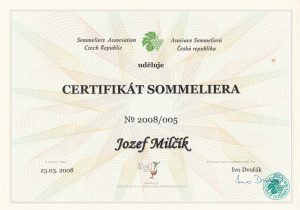 Certifikát sommeliera Jozef Milčík 2008 - Asociace sommelieru ČR - Ivo Dvořák
